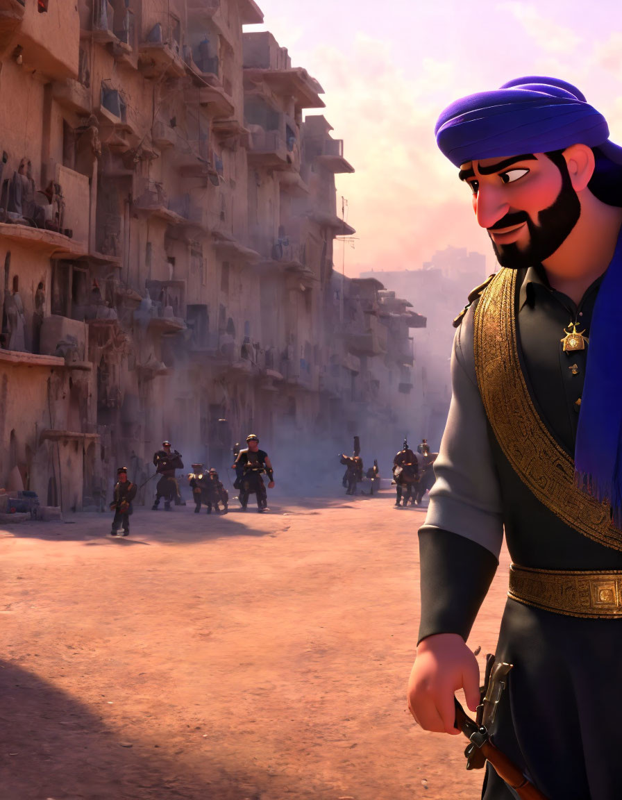 Bearded animated character in blue turban with approaching armored guards