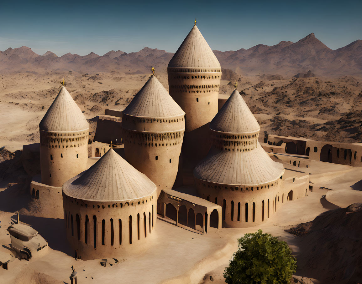 Ancient desert fortress with towering spires and domed roofs against barren hills