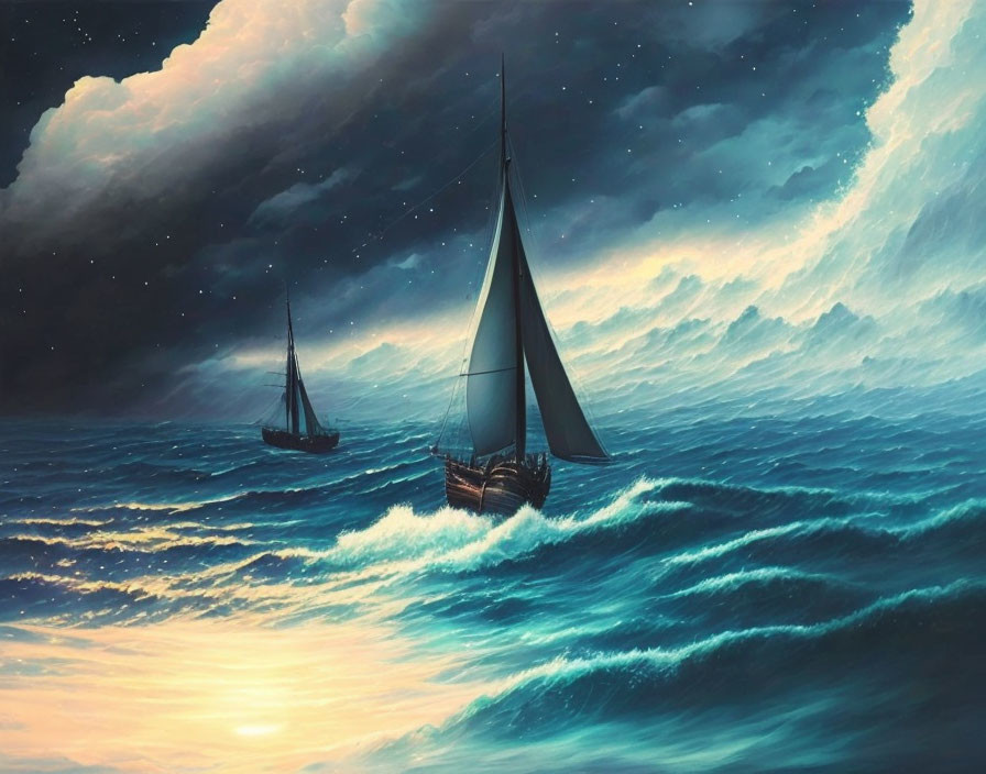 Sailboats under crescent moon in turbulent seas