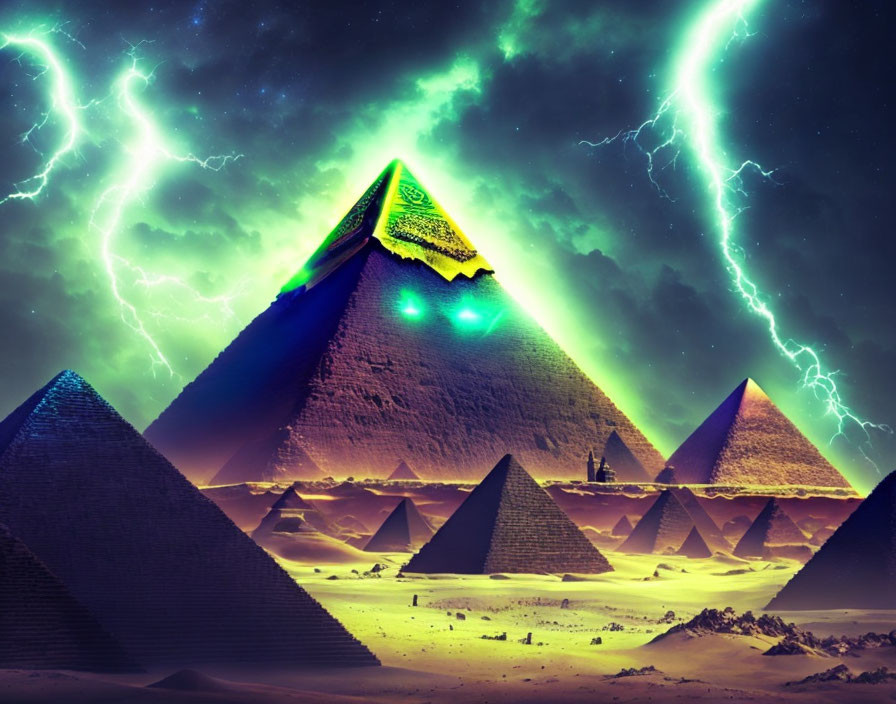 Surreal night scene: Egyptian pyramids in storm with neon lights