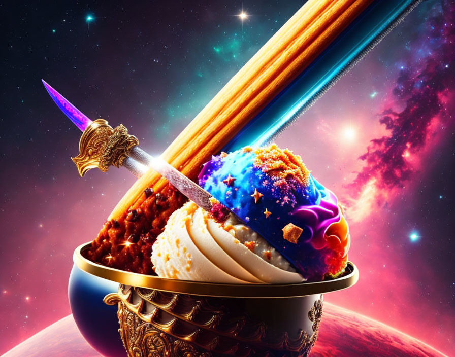 Colorful cosmic-themed ice cream sundae with sword on vibrant space backdrop