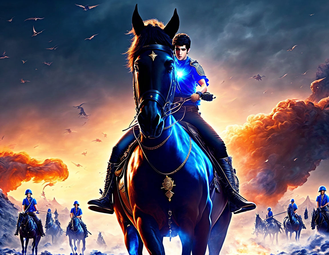 Stylized artwork of person in blue armor riding black horse in dramatic sky