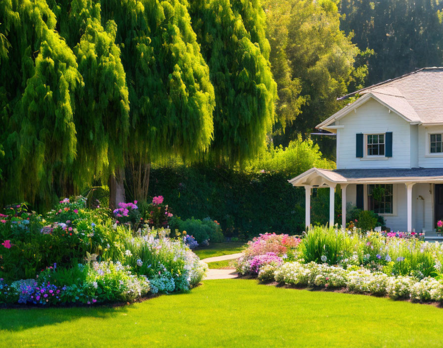 Beautiful suburban home with manicured lawn, flowerbeds, gazebo, and trees