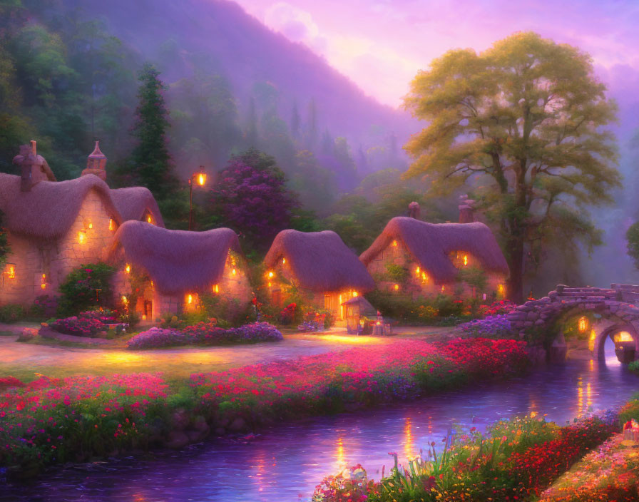 Tranquil twilight landscape with thatched-roof cottages by river and lush gardens under purple sky