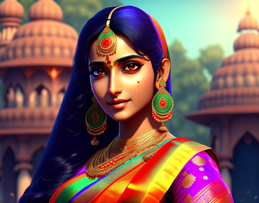 Traditional Indian woman in animated setting with palatial architecture.