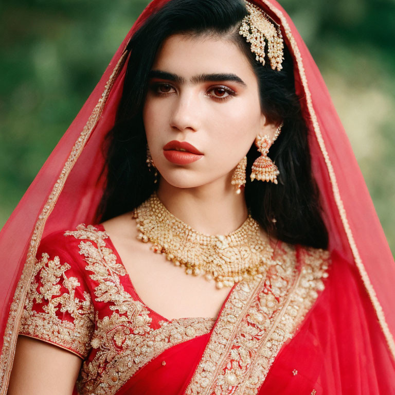 Traditional Red Bridal Attire with Elegant Jewelry Portrait