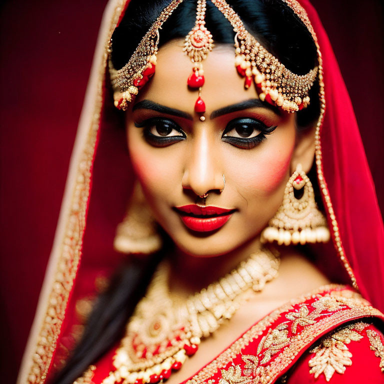 Traditional Red Bridal Saree with Gold Jewelry and Bindi