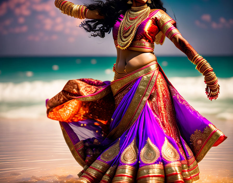 Traditional Indian attire woman dancing by the seaside in vibrant colors