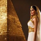 Ancient Egyptian queen styled with traditional attire in front of golden pyramid