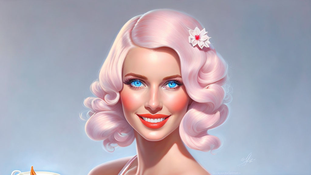 Woman with Pastel Pink Hair and White Flower Hair Accessory in Bright Blue Eyes Illustration