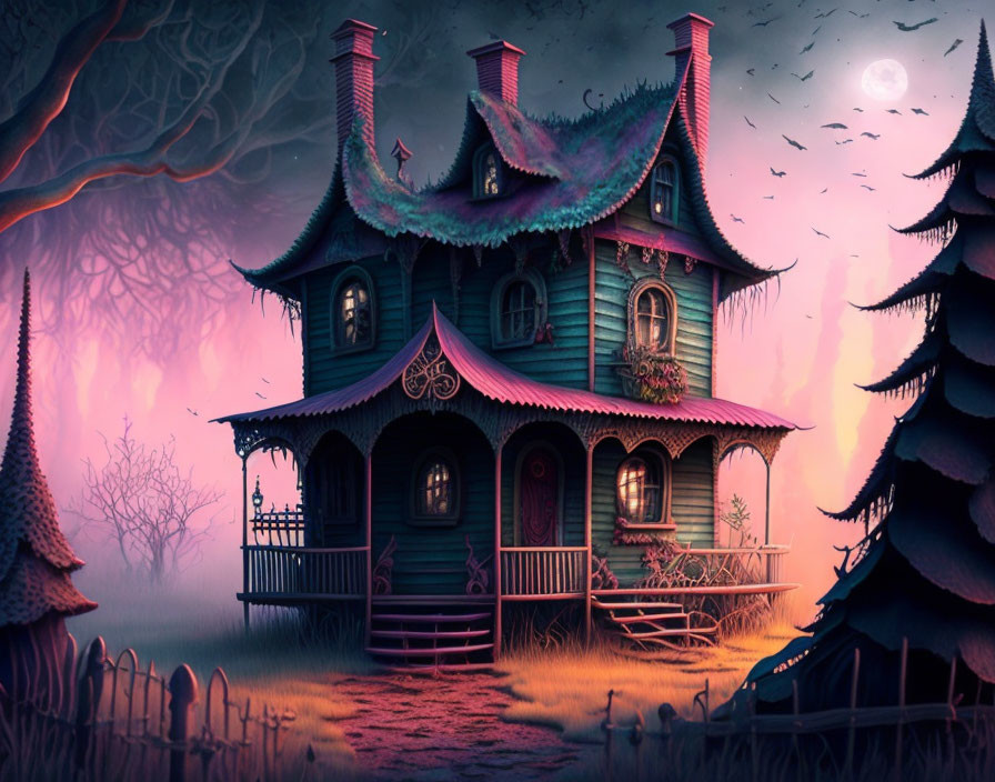 Illustration of Victorian-style haunted house in misty forest at dusk