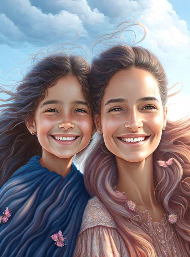 Two smiling females with pink flowers in their flowing hair against a blue sky with wispy clouds.