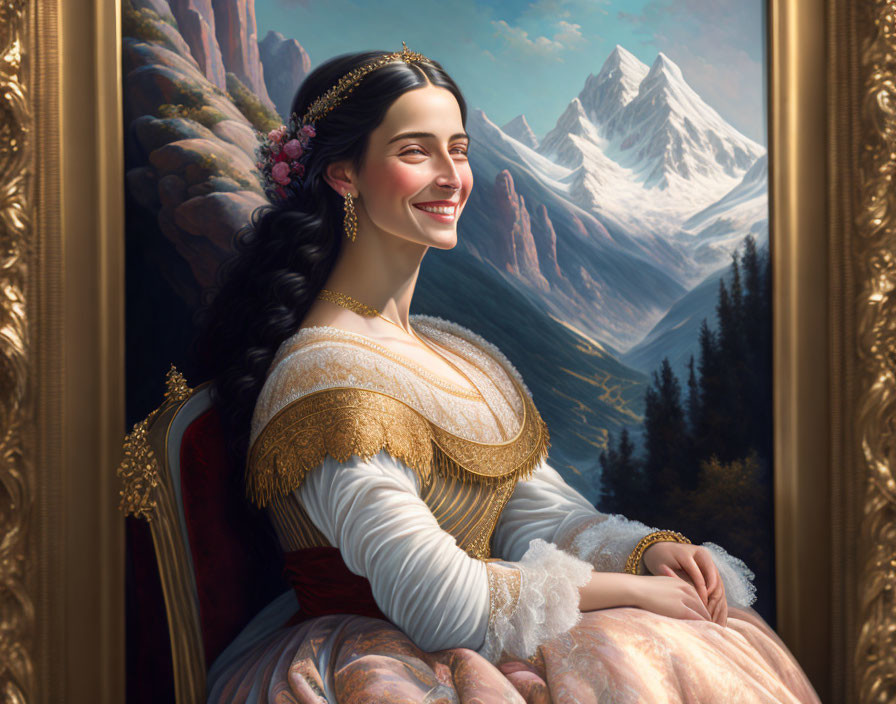 Smiling woman in historical dress with mountain landscape in ornate golden frame