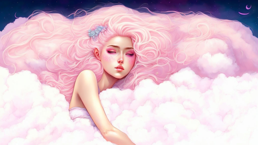 Surreal illustration: Woman with pink hair, flower, crescent moon