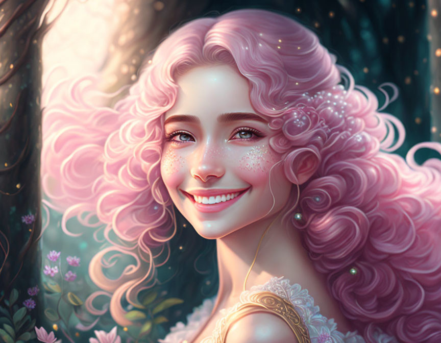 Portrait of Smiling Woman with Pink Curly Hair in Fantasy Environment