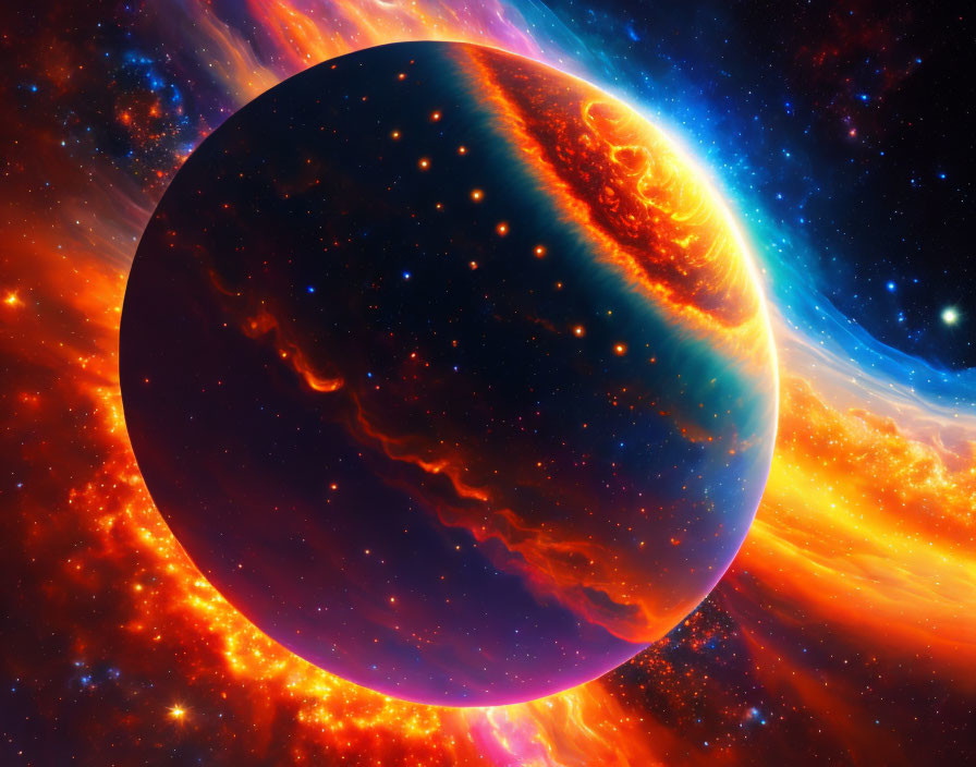 Large Glowing Planet in Cosmic Scene with Red and Orange Clouds