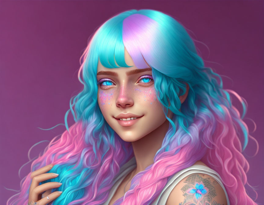 Digital portrait of girl with blue and pink wavy hair, sparkling cheeks, blue eyes, and floral