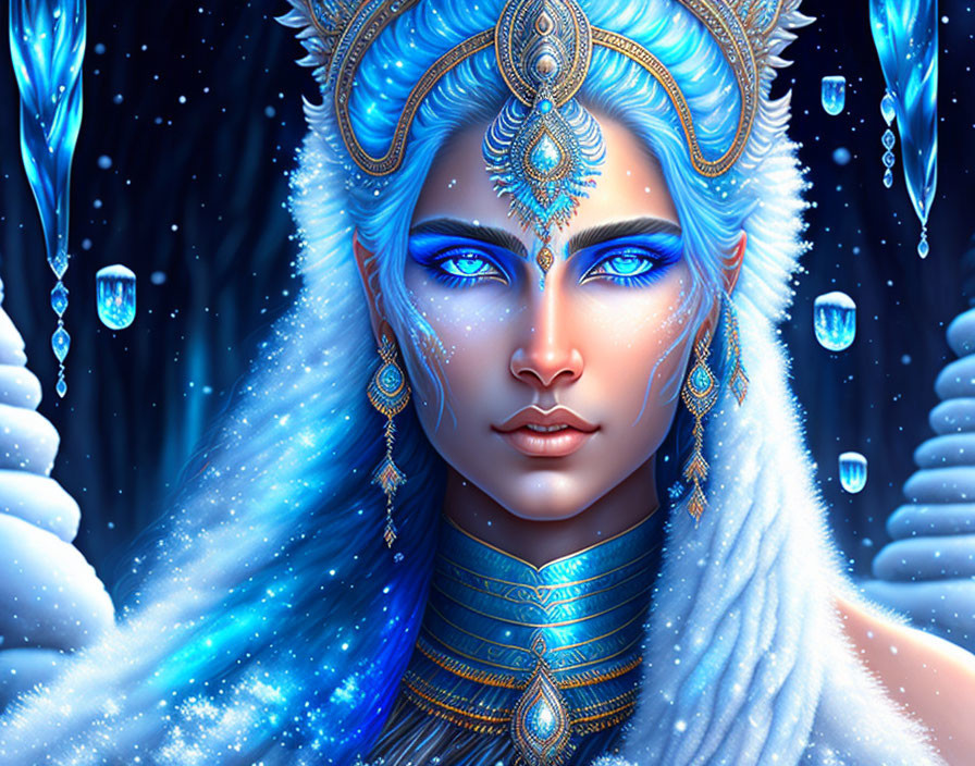 Fantasy digital art: Blue-skinned figure with gold headgear and icy crystals