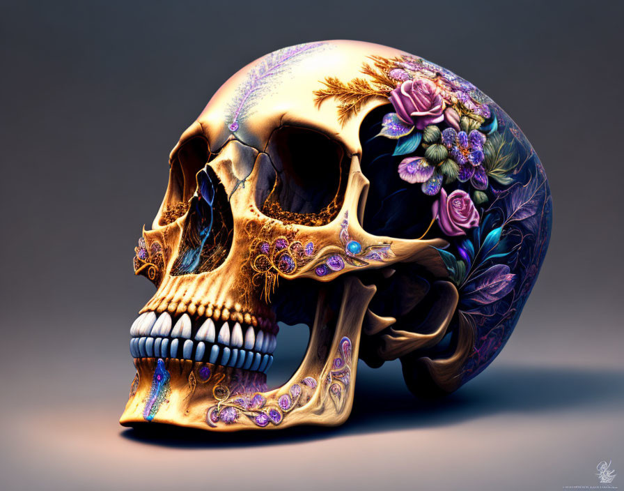 Golden and purple floral skull art on neutral background