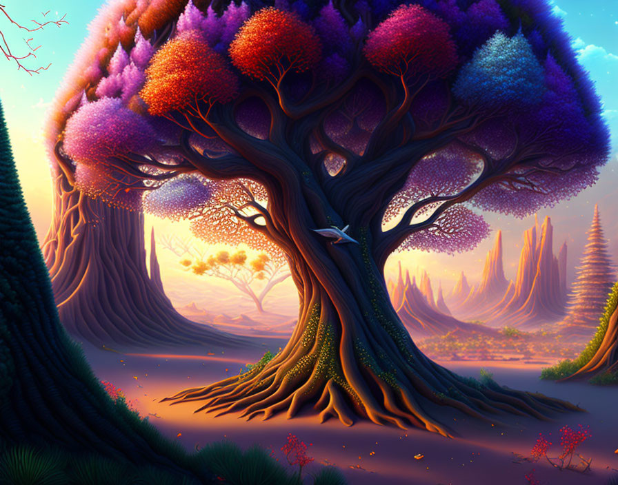 Colorful fantasy landscape with massive tree and twilight sky