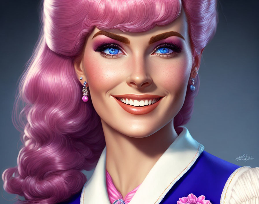 Smiling woman with pink hair in vintage fashion illustration