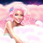 Surreal illustration: Woman with pink hair, flower, crescent moon