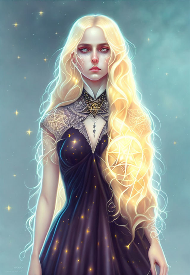 Blonde Woman in Star-Patterned Dress with Celestial Theme