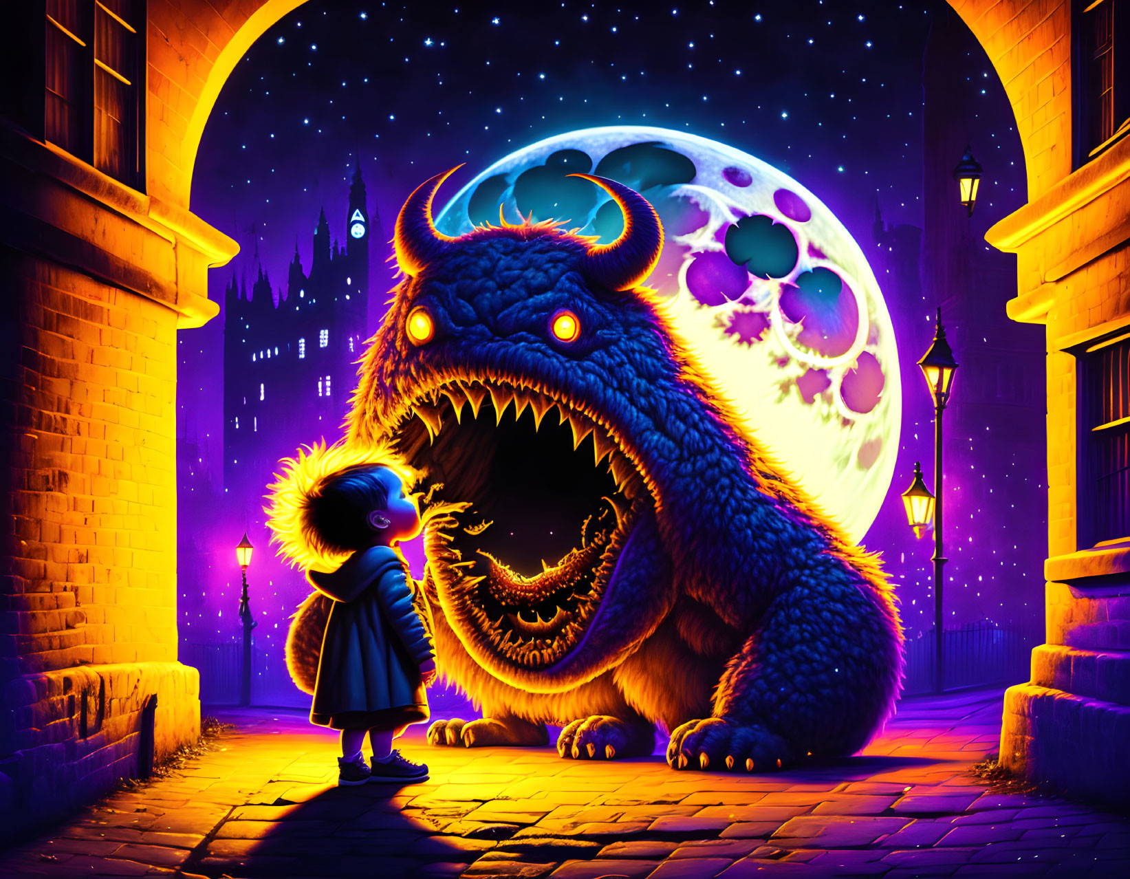 Child in coat meets friendly monster under full moon on cobblestone street