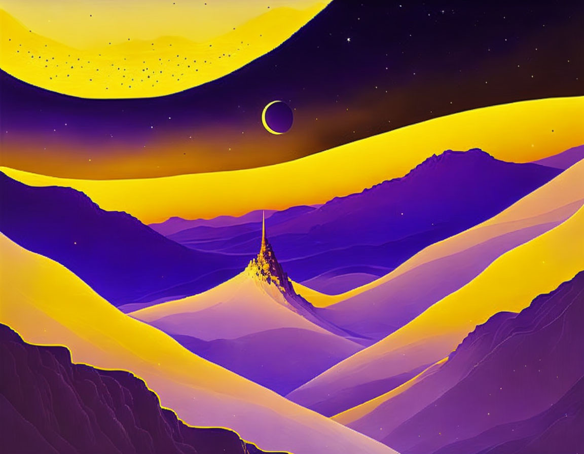 Vibrant digital art: purple mountains, golden layers, glowing peak