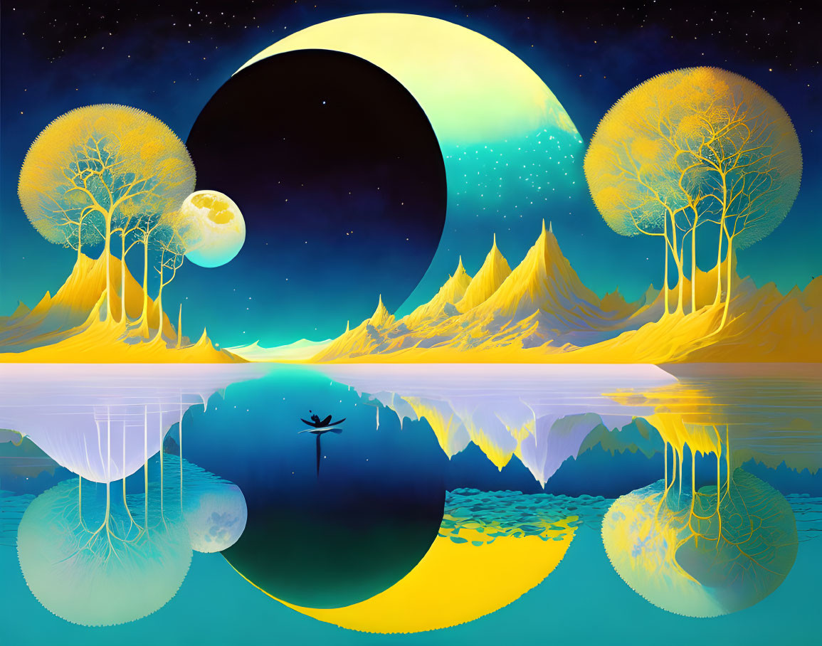 Surreal landscape with crescent moon, golden trees, mountains, lake, and canoe.