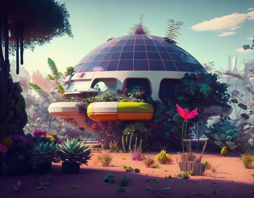 Futuristic dome building with solar panels and lush vegetation in background.