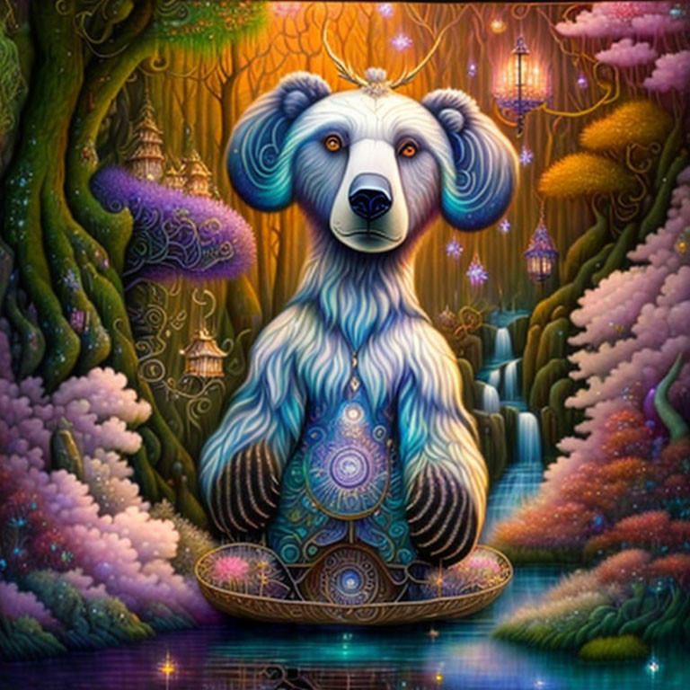 Vibrant bear illustration in mystical forest scenery