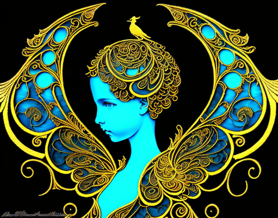 Blue-skinned figure with gold patterns and bird on head against black background