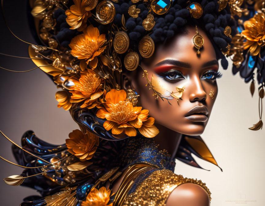 Elaborate golden floral headwear and intricate makeup portrait.