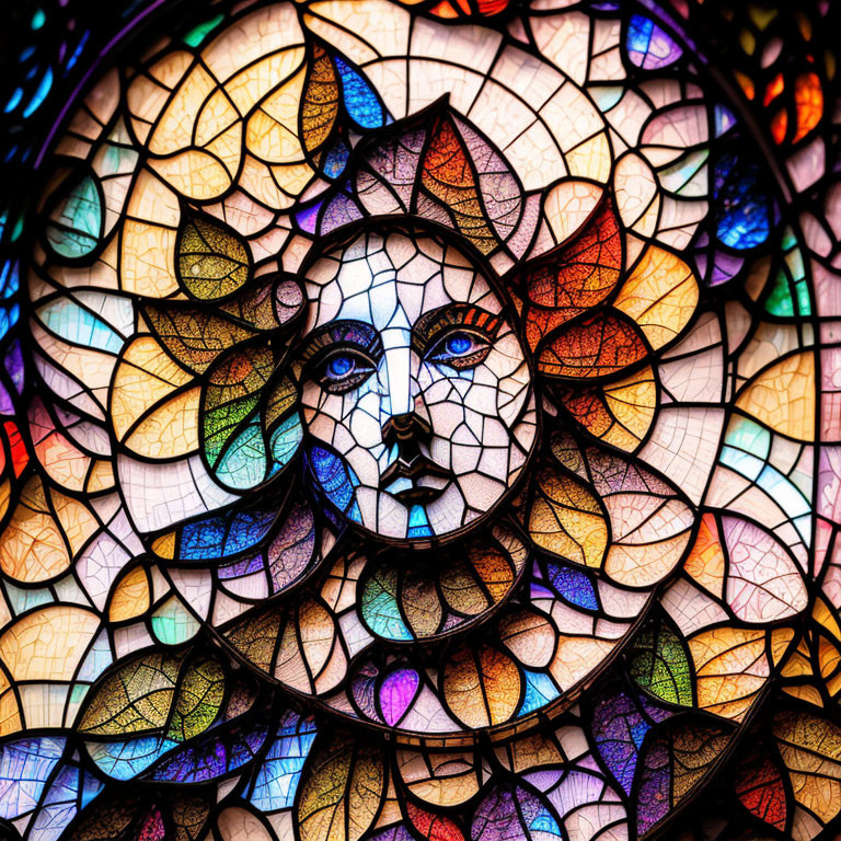 Vibrant stained glass window with abstract woman's face and floral patterns