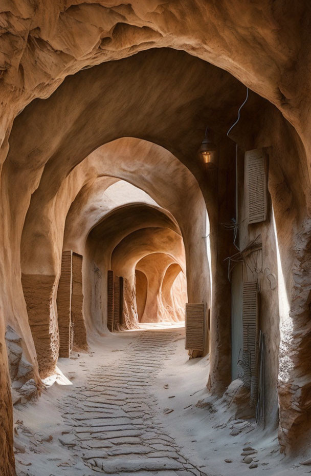 Sandy alley with arched ceilings, cobblestone path, wooden shutters, and lantern.