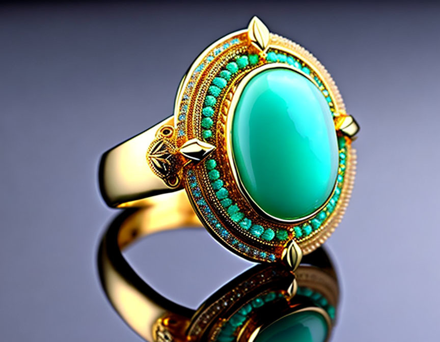 Gold Ring with Large Turquoise Gemstone & Diamonds