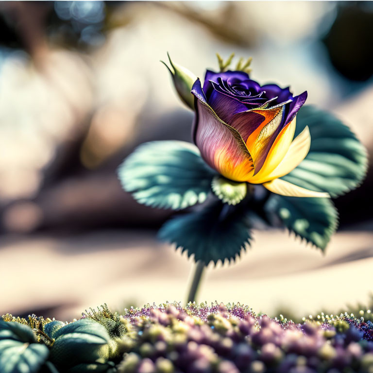 Colorful Multilayered Flower with Purple, Yellow, and Blue Petals