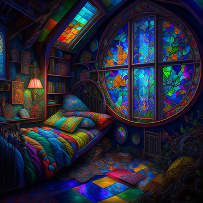 Colorful Bedroom with Stained Glass Window & Cozy Ambiance