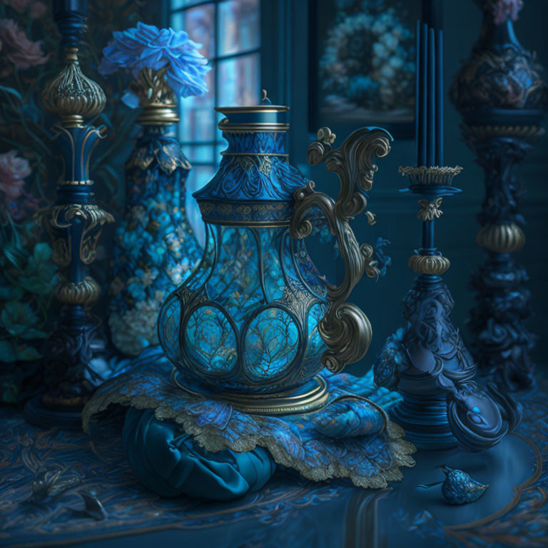 Intricate blue lantern, fabric puff, chess pieces in moody light