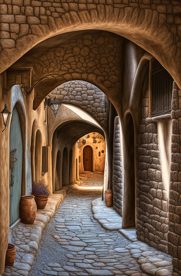 Historical Mediterranean alleyway with stone walls and arches.