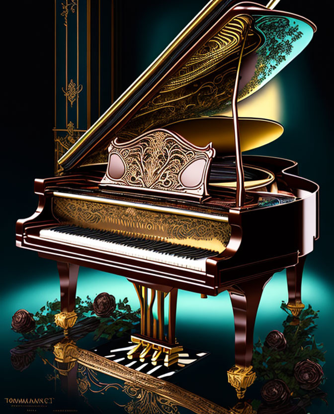 Intricate Golden Designs on Dark Grand Piano