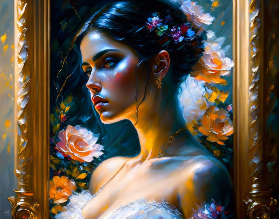 Colorful portrait of a woman with flowers in her hair and golden ornate frame.