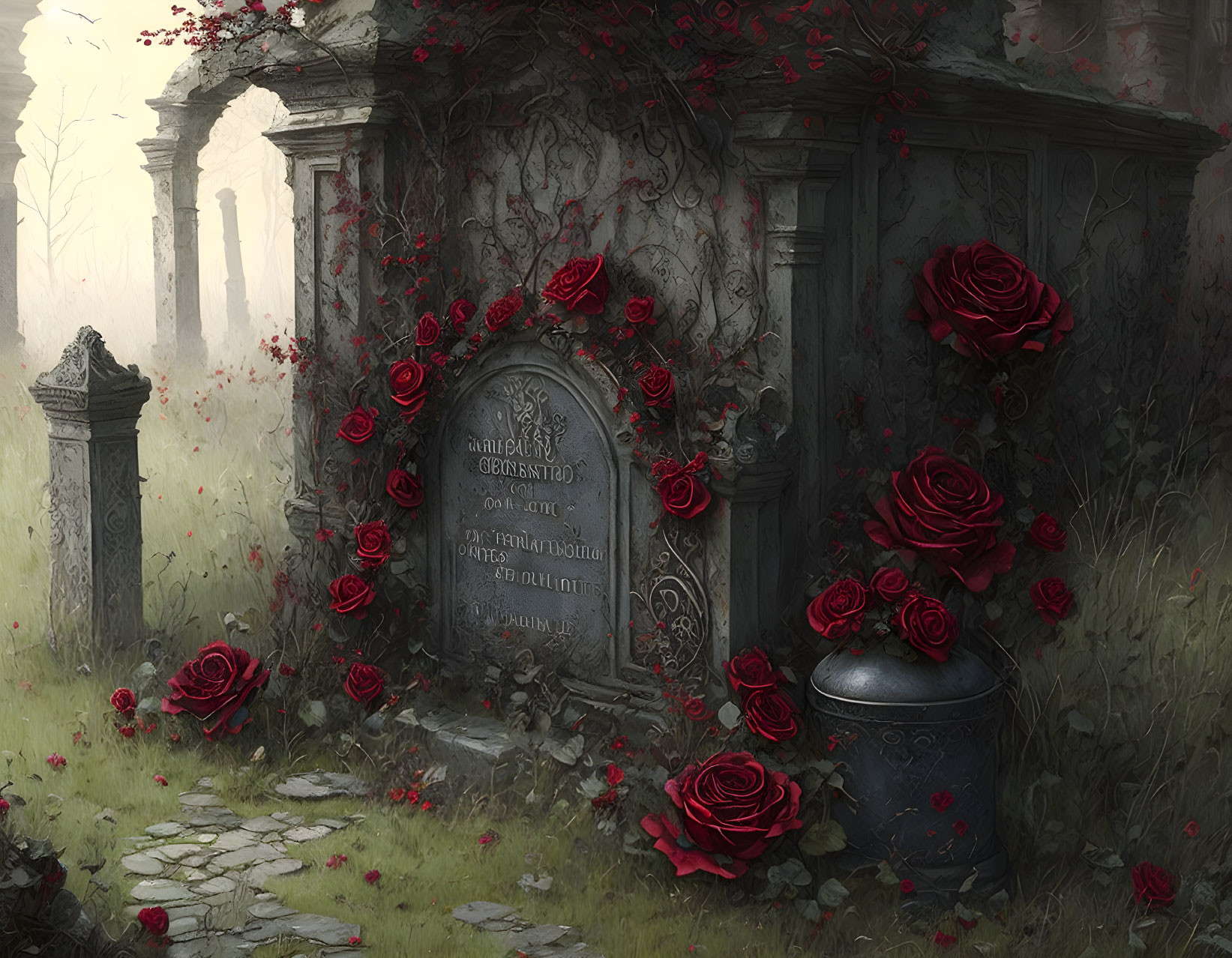 Ancient graveyard scene with red roses and misty ambiance