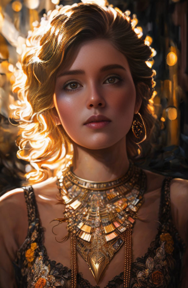 Portrait of woman with curly hair, dramatic makeup, and ornate gold jewelry in warm backlight