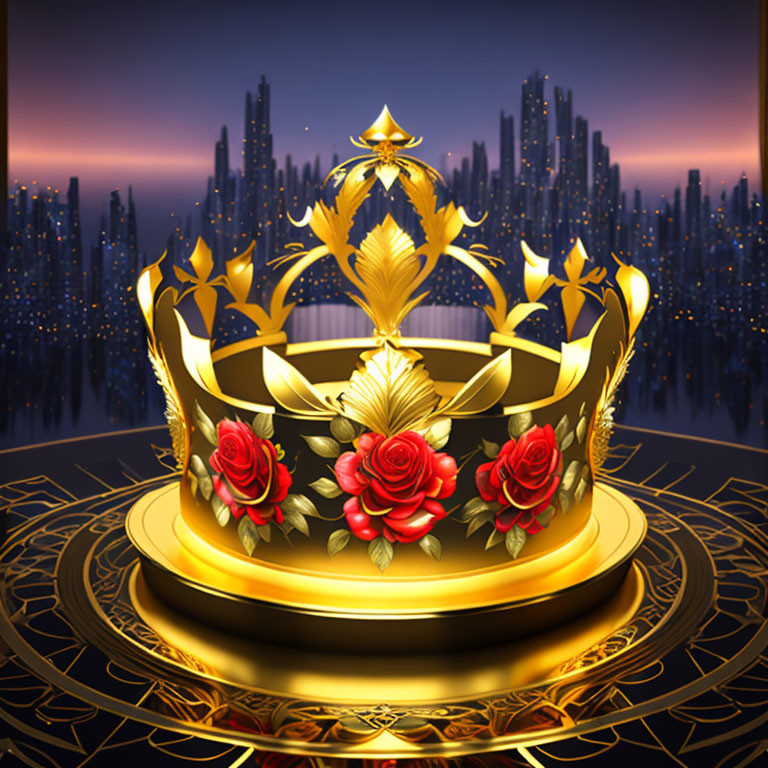 Golden Crown with Red Roses and Feathers on Pedestal in Cityscape Twilight