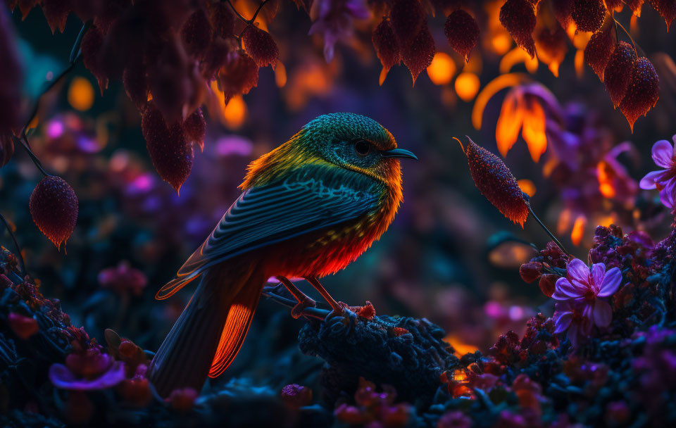 Colorful bird in mystical setting with purple and pink foliage