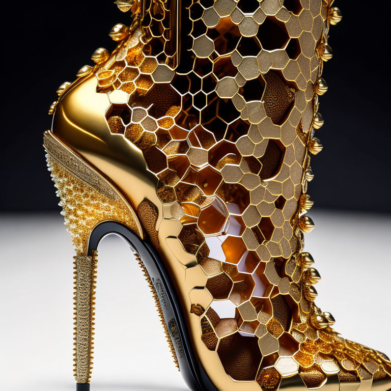 Golden high-heeled shoe with honeycomb pattern and sparkling crystals