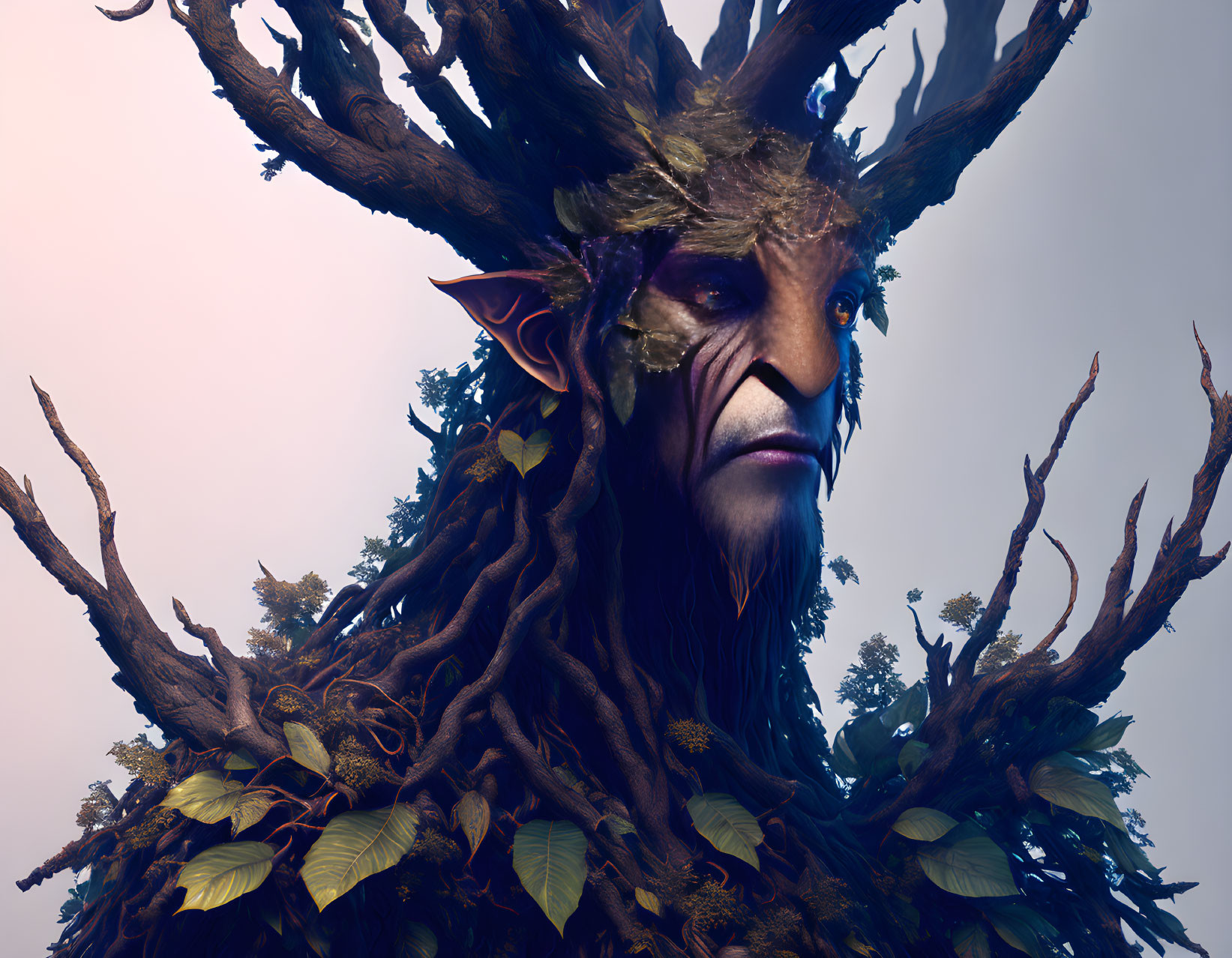 Intricate humanoid tree figure with wooden features and expressive eyes