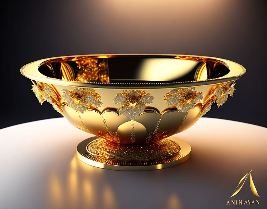 Golden ornate bowl with intricate patterns on white surface against dark background